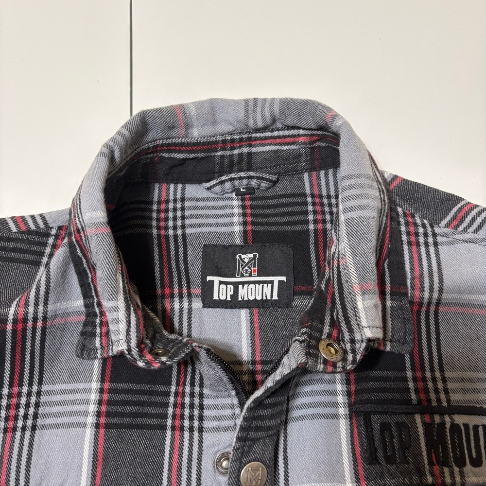 Top Mount Mens Full Zip Snap Grappler Flannel Shirt Size L Black Red Plaid Biker - Picture 4 of 16